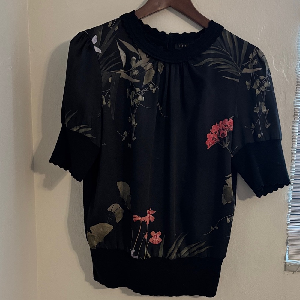 Ted Baker Black Floral Short Sleeve Blouse with Pink Accents